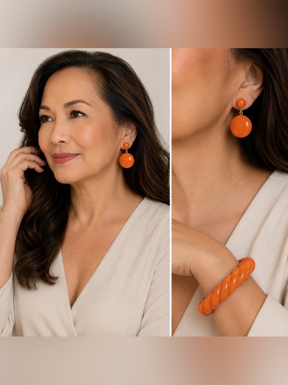 Vintage Crown Trifari Orange Lucite Clip-On Earrings + Matching Bangle